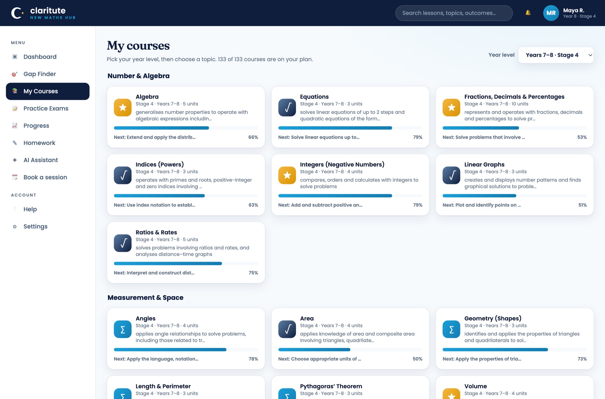 Claritute course library across Stage 4, 5 and 6