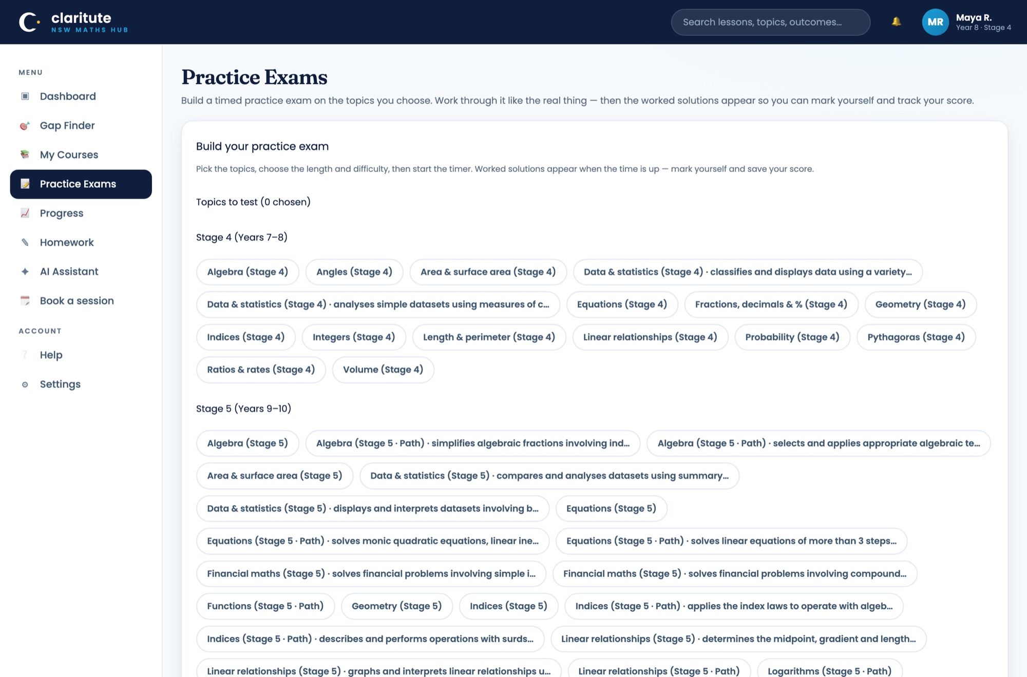 Claritute practice-exam builder